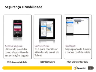Segurança e Mobilidade




Acesso Seguro:         Consciência:           Proteção:
utilizando o celular   DLP para monitorar     Criptografia de Emails
como dispositivo de    ativades de email do   e dados confidenciais
autenticação segura    Tablet

  VIP Access Mobile        DLP Network         PGP Viewer for iOS

                                                                    10
 