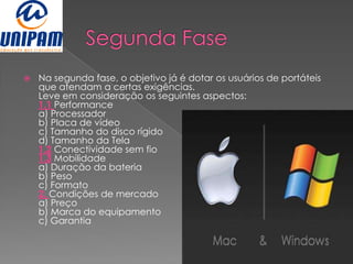    Na segunda fase, o objetivo já é dotar os usuários de portáteis
    que atendam a certas exigências.
    Leve em consideração os seguintes aspectos:
    1.1 Performance
    a) Processador
    b) Placa de vídeo
    c) Tamanho do disco rígido
    d) Tamanho da Tela
    1.2 Conectividade sem fio
    1.3 Mobilidade
    a) Duração da bateria
    b) Peso
    c) Formato
    2. Condições de mercado
    a) Preço
    b) Marca do equipamento
    c) Garantia
 