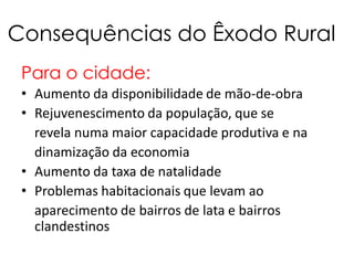 Consequências do Êxodo Rural
 Para o cidade:
 • Aumento da disponibilidade de mão-de-obra
 • Rejuvenescimento da população, que se
   revela numa maior capacidade produtiva e na
   dinamização da economia
 • Aumento da taxa de natalidade
 • Problemas habitacionais que levam ao
   aparecimento de bairros de lata e bairros
   clandestinos
 
