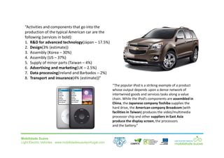 Mobilidade Suave
Light Electric Vehicles ⋅ www.mobilidadesuaveportugal.com
“Activities and components that go into the
production of the typical American car are the
following (services in bold):
1. R&D for advanced technology(Japan – 17.5%)
2. Design(3% (estimate))
3. Assembly (Korea – 30%)
4. Assembly (US – 37%)
5. Supply of minor parts (Taiwan – 4%)
6. Advertising and marketing(UK – 2.5%)
7. Data processing(Ireland and Barbados – 2%)
8. Transport and insurance(4% (estimate))”
“The popular iPod is a striking example of a product
whose output depends upon a dense network of
intertwined goods and services tasks along a value
chain. While the iPod’s components are assembled in
China, the Japanese company Toshiba supplies the
hard drive, the American company Broadcom (with
facilities in Taiwan) produces the video/multimedia
processor chip and other suppliers in East Asia
produce the display screen, the processors
and the battery.”
 