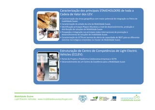 Mobilidade Suave
Light Electric Vehicles ⋅ www.mobilidadesuaveportugal.com
Caracterização dos principais STAKEHOLDERS de toda a
Cadeia de Valor dos LEV:
• Caracterização das áreas geográficas com maior potencial de integração na Fileira de
mobilidade Suave.
• Caracterização do estado da arte da Mobilidade Suave,
• Identificação principais Players Mundiais a nível de desenvolvimento, produção e
distribuição de soluções de Mobilidade Suave
• Prospeção e Integração nas principais redes internacionais de promoção e
desenvolvimento de soluções de mobilidade Suave.
• Caracterização do SCTN em termos de oferta de capacidade de I&DT para os diferentes
sistemas tecnológicos envolvidos no Cluster de Mobilidade Suave.
Estruturação de Centro de Competências de Light Electric
Vehicles (CCLEV):
• Portal do Projeto e Plataforma Colaborativa Empresas e SCTN
• Desenvolvimento de um Centro de Excelência para a Mobilidade Suave
 