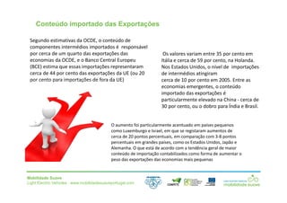 Mobilidade Suave
Light Electric Vehicles ⋅ www.mobilidadesuaveportugal.com
Conteúdo importado das Exportações
Segundo estimativas da OCDE, o conteúdo de
componentes intermédios importados é responsável
por cerca de um quarto das exportações das
economias da OCDE, e o Banco Central Europeu
(BCE) estima que essas importações representaram
cerca de 44 por cento das exportações da UE (ou 20
por cento para importações de fora da UE)
Os valores variam entre 35 por cento em
Itália e cerca de 59 por cento, na Holanda.
Nos Estados Unidos, o nível de importações
de intermédios atingiram
cerca de 10 por cento em 2005. Entre as
economias emergentes, o conteúdo
importado das exportações é
particularmente elevado na China - cerca de
30 por cento, ou o dobro para Índia e Brasil.
O aumento foi particularmente acentuado em países pequenos
como Luxemburgo e Israel, em que se registaram aumentos de
cerca de 20 pontos percentuais, em comparação com 3-8 pontos
percentuais em grandes países, como os Estados Unidos, Japão e
Alemanha. O que está de acordo com a tendência geral de maior
conteúdo de importação contabilizados como forma de aumentar o
peso das exportações das economias mais pequenas
 
