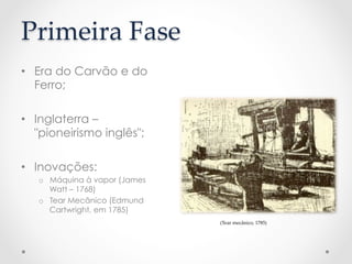 Primeira  Fase  
	
•  Era do Carvão e do
Ferro;
•  Inglaterra –
"pioneirismo inglês";
•  Inovações:
o  Máquina à vapor (James
Watt – 1768)
o  Tear Mecânico (Edmund
Cartwright, em 1785)
(Tear  mecânico,  1785)	
 