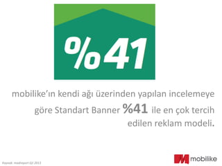 mobilike’ın kendi ağı üzerinden yapılan incelemeye
göre Standart Banner %41 ile en çok tercih
edilen reklam modeli.
Kaynak: madreport Q2 2013
 