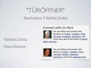 "TÜRÖFFNER"
                Beachwalks.tv & Barefeet Studios




• Roxanne   Darling

• Shane   Robinson
 
