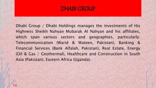 DHABI GROUP
Dhabi Group / Dhabi Holdings manages the investments of His
Highness Sheikh Nahyan Mubarak Al Nahyan and his affiliates,
which span various sectors and geographies, particularly:
Telecommunication (Warid & Wateen, Pakistan), Banking &
Financial Services (Bank Alfalah, Pakistan), Real Estate, Energy
(Oil & Gas / Geothermal), Healthcare and Construction in South
Asia (Pakistan), Eastern Africa (Uganda).
DHABI GROUP
10
 