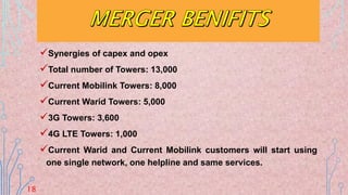 Synergies of capex and opex
Total number of Towers: 13,000
Current Mobilink Towers: 8,000
Current Warid Towers: 5,000
3G Towers: 3,600
4G LTE Towers: 1,000
Current Warid and Current Mobilink customers will start using
one single network, one helpline and same services.
18
 