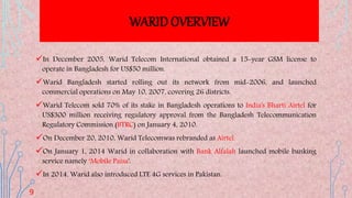 In December 2005, Warid Telecom International obtained a 15-year GSM license to
operate in Bangladesh for US$50 million.
Warid Bangladesh started rolling out its network from mid-2006, and launched
commercial operations on May 10, 2007, covering 26 districts.
Warid Telecom sold 70% of its stake in Bangladesh operations to India's Bharti Airtel for
US$300 million receiving regulatory approval from the Bangladesh Telecommunication
Regulatory Commission (BTRC) on January 4, 2010.
On December 20, 2010, Warid Telecomwas rebranded as Airtel.
On January 1, 2014 Warid in collaboration with Bank Alfalah launched mobile banking
service namely ‘Mobile Paisa'.
In 2014, Warid also introduced LTE 4G services in Pakistan.
WARID OVERVIEW
9
 
