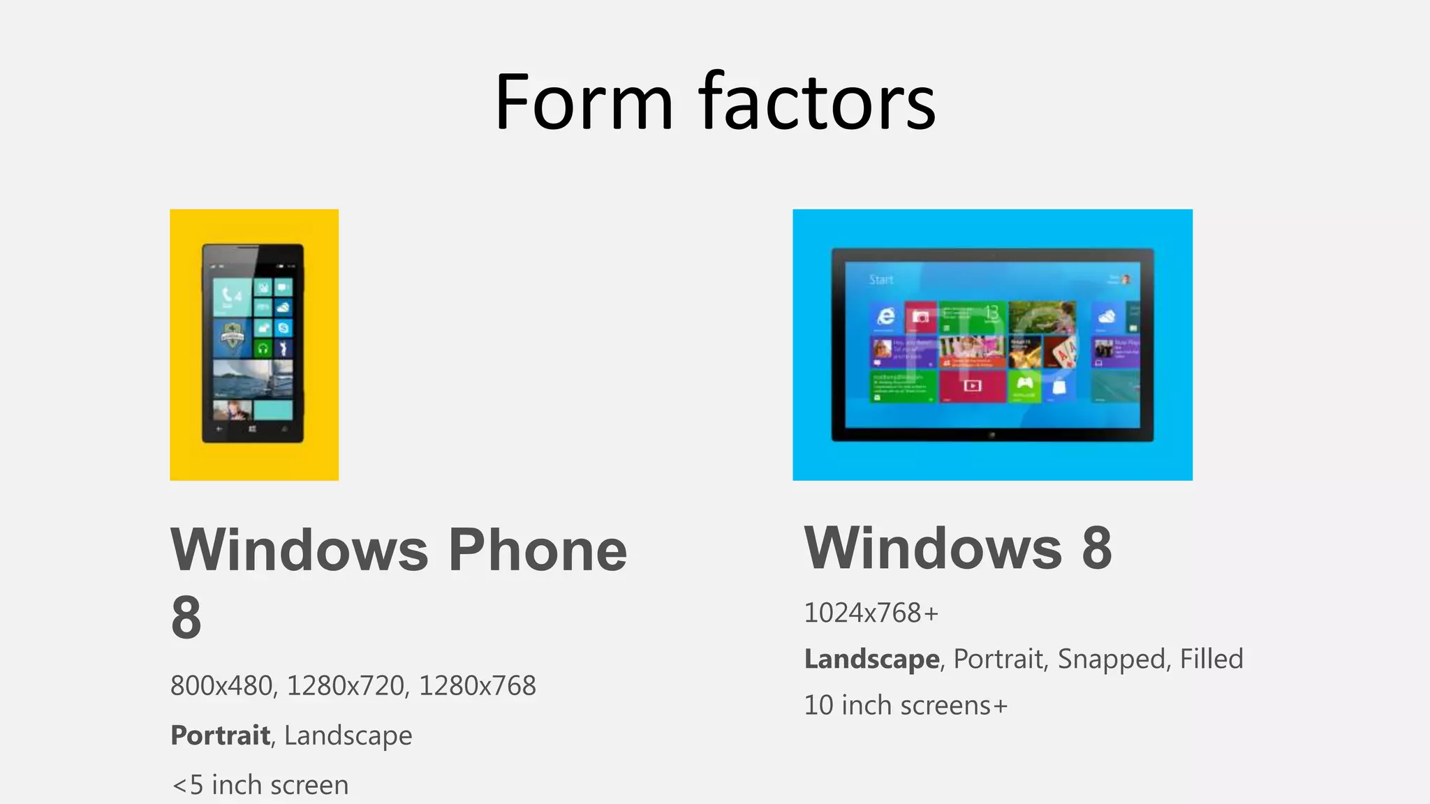 Windows 8
1024x768+
Landscape, Portrait, Snapped, Filled
10 inch screens+
Windows Phone
8
800x480, 1280x720, 1280x768
Portrait, Landscape
<5 inch screen
Form factors
 