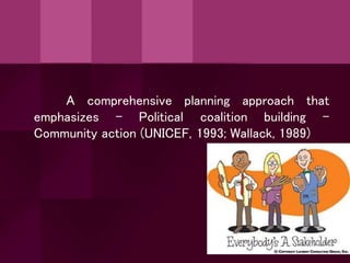 planning approach that
A comprehensive
emphasizes – Political coalition building –
Community action (UNICEF, 1993; Wallack, 1989)
 
