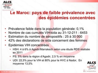Le Maroc: pays de faible prévalence avec
                  des épidémies concentrées

•   Prévalence faible dans la population générale: 0,1%
•   Nombre de cas cumulés VIH/sida au 31-12-211 : 6453
•   Estimation du nombre de séropositifs : 25 à 30 000
•   42% des déclarations de sida concernent des femmes
•   Epidémies VIH concentrées
    • HSH: 4 à 6% à Agadir/Marrakech selon une étude RDS réalisée
      en 2011
    • PS: 5% dans la région d’Agadir, 2,5 % en moyenne
    • UDI: 22,5% pour le VIH et 80% pour le HVC à Nador, En
      moyenne 13,5%
 