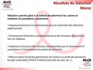 Résultats du Sidaction
                                                            Maroc
Sidaction a permis grâce à la collecte de pérenniser les actions et
améliorer les prestations, notamment

Approvisionnement en médicaments pour le traitement des infections
opportunistes

Financement d’examens complémentaires et de transports des patients
vers les hôpitaux

Extension à d’autres villes d’actions de prévention par le financement d’
associations et financement de projets de recherche

Mise en place d’activités génératrices de revenus au profit des personnes
les plus vulnérables (PVVIH, Professionnel (le)s du sexe, etc…).
 