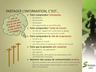 

Faire comprendre l’entreprise:







Faire comprendre l’unité de travail:








Ce qu’il est
Son apport à l’unité
Les liens entre le succès de l’unité et son succès

Faire que la personne soit comprise:






Le rôle et l’apport de l’unité dans le global
Les problèmes et les succès de l’unité

Faire comprendre le rôle de la personne:




Ses besoins
Ses priorités
Ses projets
Ses opportunités et ses difficultés

Ses besoins, ses aspirations
Son opinion
Être écoutée, être partie aux discussions, être
véritablement entendue

Maintenir des canaux de communication ouverts



Que les occasions de communication soient permanentes
Que les responsables hiérarchiques soient capables de
bien communiquer

 
