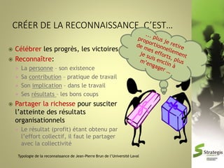 


Célébrer les progrès, les victoires
Reconnaître:
La personne – son existence
 Sa contribution – pratique de travail
 Son implication – dans le travail
 Ses résultats – les bons coups




Partager la richesse pour susciter
l’atteinte des résultats
organisationnels


Le résultat (profit) étant obtenu par
l’effort collectif, il faut le partager
avec la collectivité

Typologie de la reconnaissance de Jean-Pierre Brun de l’Université Laval

 