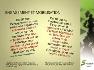 Adaptation de Patricia Soldati: Purposeful
Work, Employee engagement: What exactly is
it?, 08 Mar 2007

Adaptation de Michel Tremblay et Thierry
Wills, Gestion , été 2005, HÉC Montréal

 
