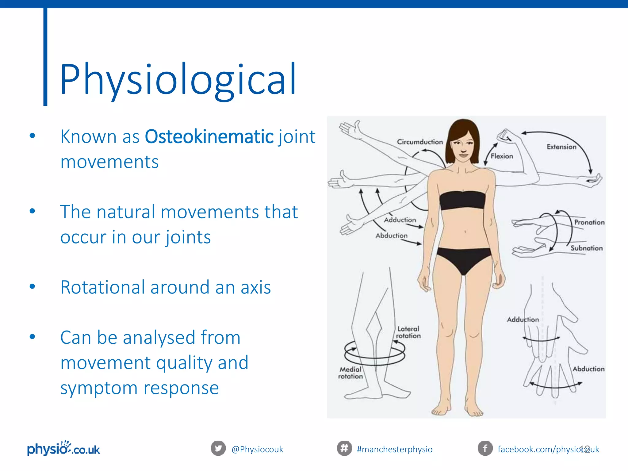 12
Physiological
@Physiocouk #manchesterphysio facebook.com/physiocouk
• Known as Osteokinematic joint
movements
• The natural movements that
occur in our joints
• Rotational around an axis
• Can be analysed from
movement quality and
symptom response
 