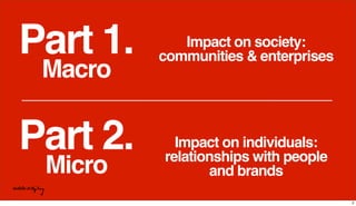 Part 1.
Macro
Impact on society:
communities & enterprises
Part 2.
Micro
Impact on individuals:
relationships with people
...