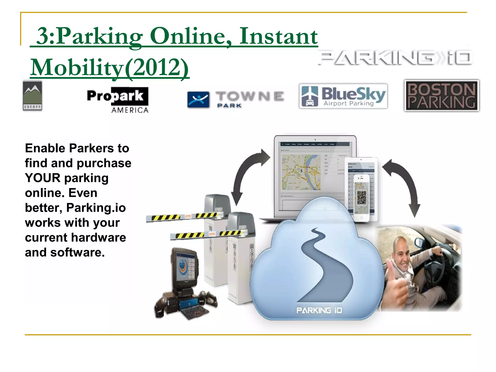 3:Parking Online, Instant
Mobility(2012)
Enable Parkers to
find and purchase
YOUR parking
online. Even
better, Parking.io
works with your
current hardware
and software.
 