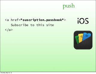 push
<a href="suscription.passbook">
Subscribe to this site
</a>
Thursday, May 16, 13
 