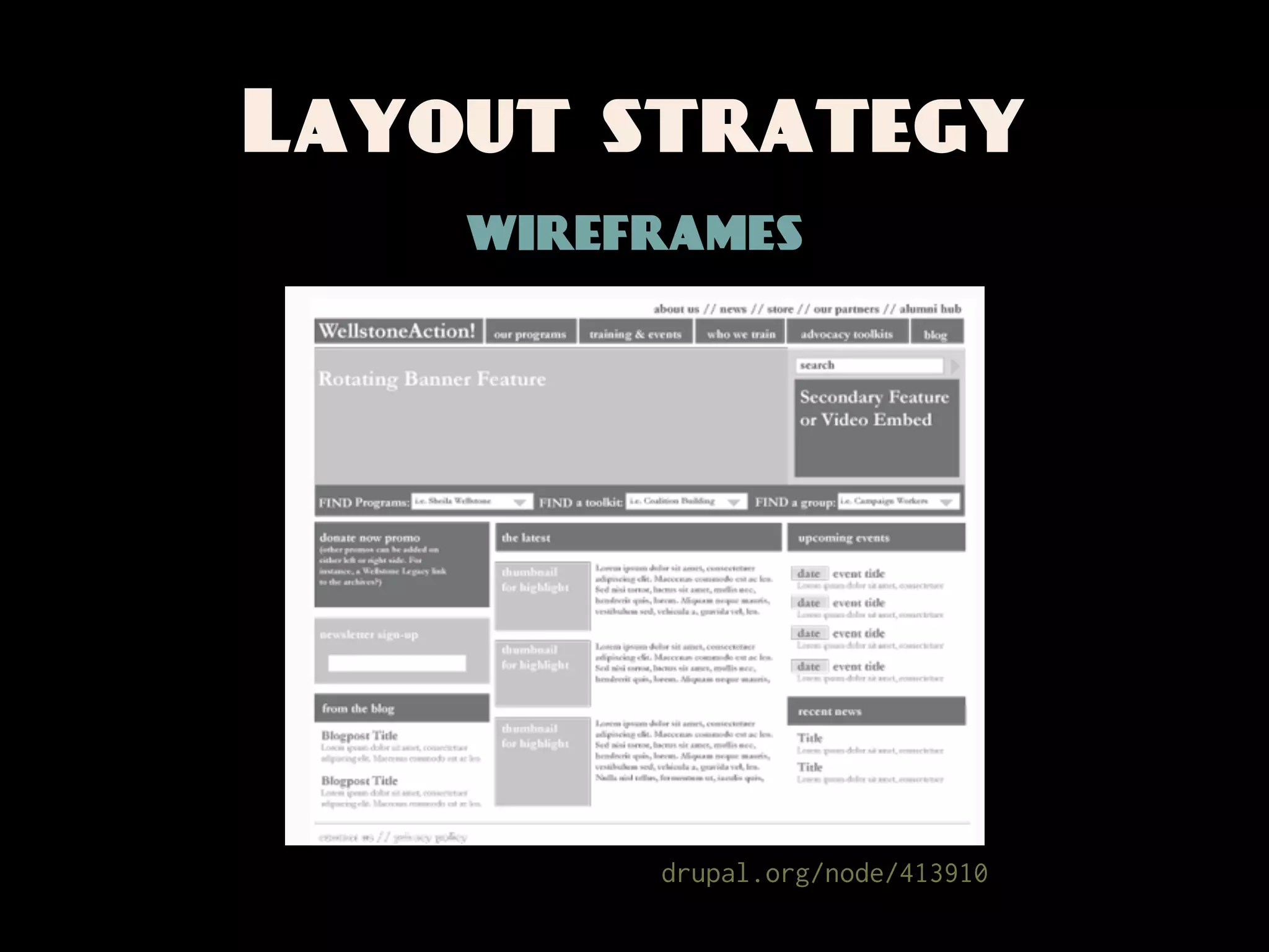Layout strategy
    wireframes




         drupal.org/node/413910
 