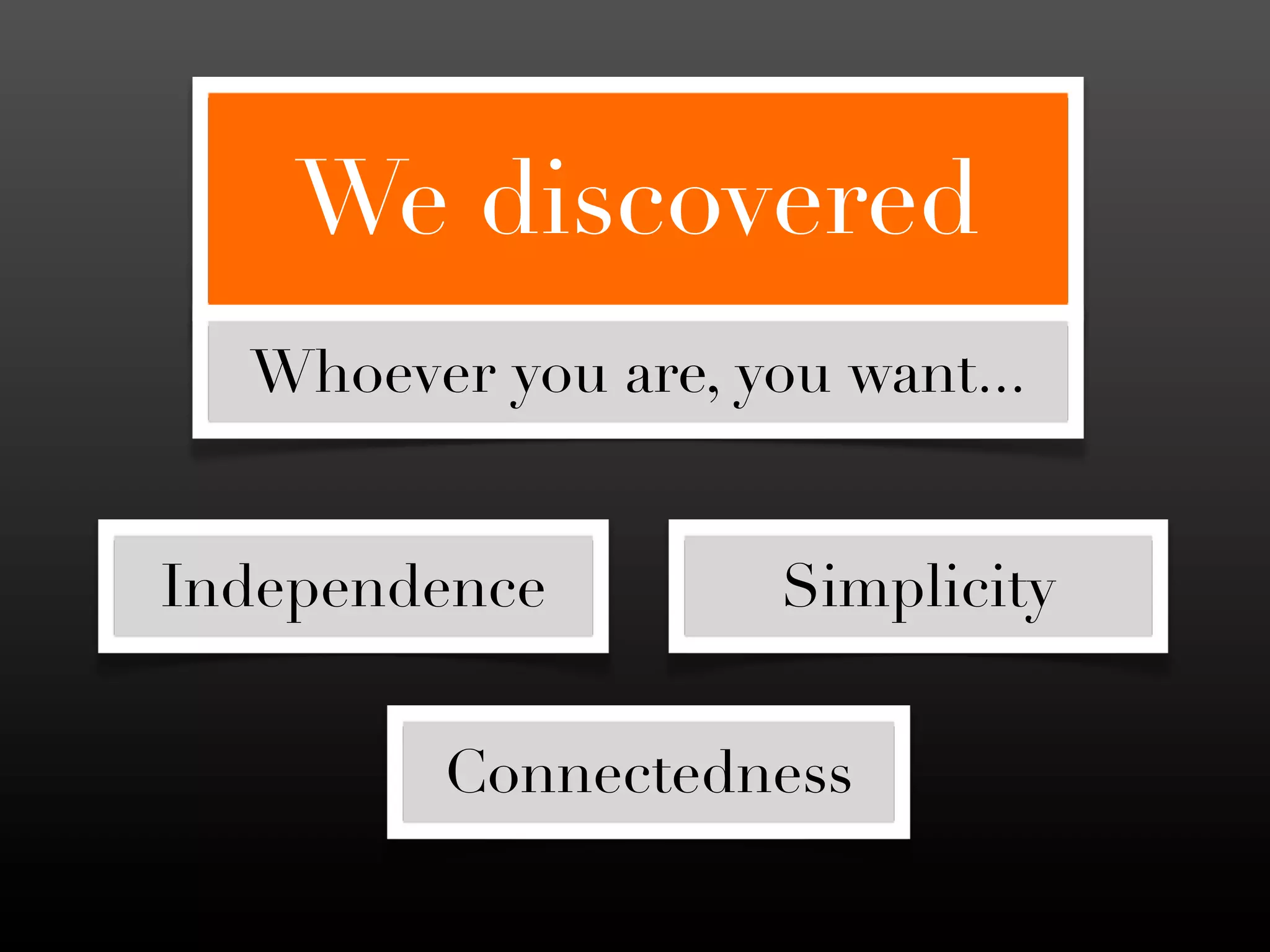 We discovered
  Whoever you are, you want...


Independence         Simplicity


        Connectedness
 