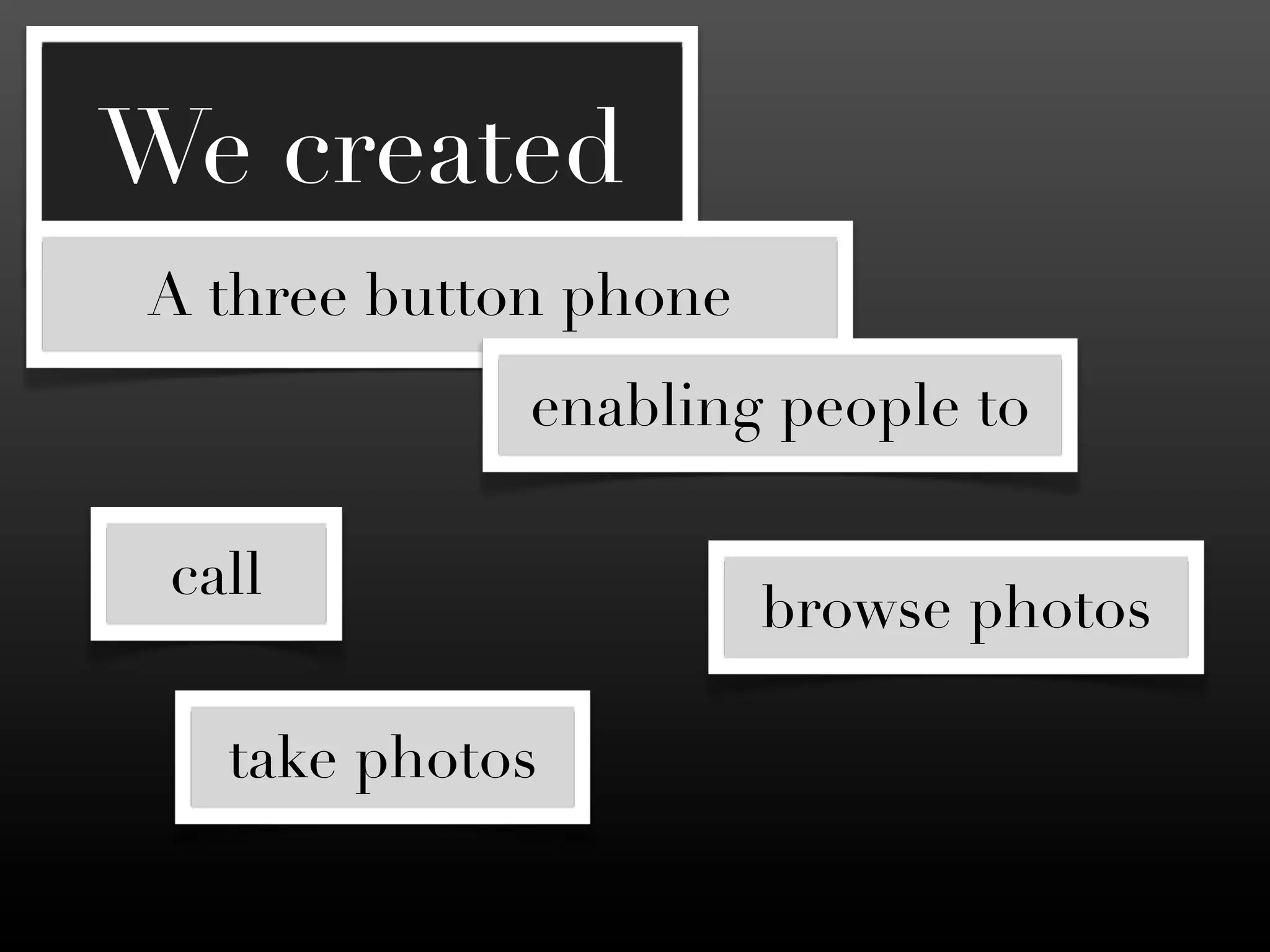 We created
A three button phone
             enabling people to

 call
                       browse photos

   take photos
 