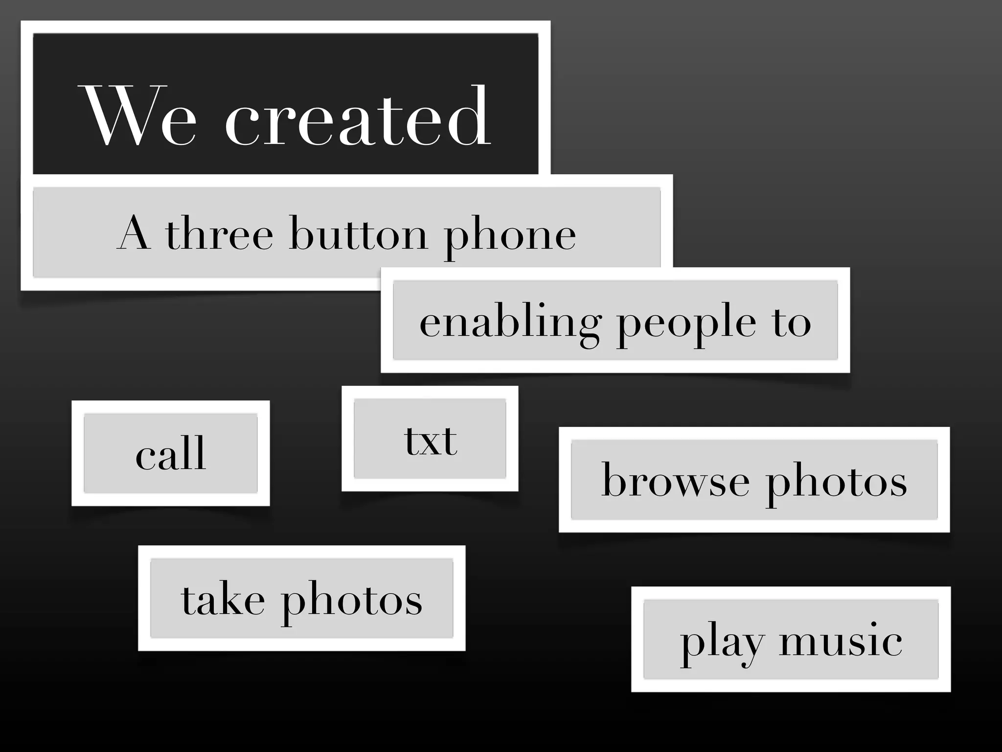We created
A three button phone
             enabling people to

 call        txt
                       browse photos

   take photos
                          play music
 