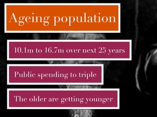 Ageing population

10.1m to 16.7m over next 25 years


Public spending to triple


The older are getting younger
 