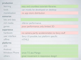 production
 learning         easy and countless tutorials+libraries
 tools            can mostly be developed on desktop
 monetization     no app store distribution
scenarios
 lists and data
 rich media       inferior performance
 games            poor performance, only limited 3D
experience
 hardware         no camera, partly accelerometer, no fancy stuff
 user interface   fancy UI possible, but platform speciﬁc
 ofﬂine           HTML5
platforms
 iOS
 Android
 Windows Phone    since 7.5 aka Mango
 others           great movement in responsive design!
 