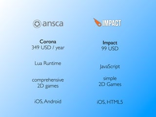 Corona         Impact
349 USD / year    99 USD

 Lua Runtime
                  JavaScript

comprehensive      simple
  2D games       2D Games


 iOS, Android    iOS, HTML5
 