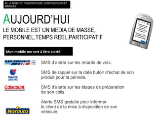 A UJOURD’HUI LE MOBILE EST UN MEDIA DE MASSE, PERSONNEL,TEMPS REEL,PARTICIPATIF #2- LA MOBILITE: TRANSPORTEURS, CONSTRUCTEURS ET MARQUES SMS d’alerte sur les retards de vols.  SMS de rappel sur la date butoir d’achat de son produit pour la période.  SMS d’alerte sur les étapes de préparation  de son colis.  Alerte SMS gratuite pour informer le client de la mise à disposition de son véhicule. Mon mobile me sert à être   alerté 