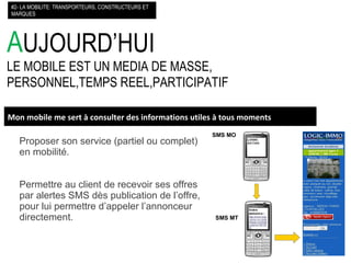 A UJOURD’HUI LE MOBILE EST UN MEDIA DE MASSE, PERSONNEL,TEMPS REEL,PARTICIPATIF #2- LA MOBILITE: TRANSPORTEURS, CONSTRUCTEURS ET MARQUES Mon mobile me sert à consulter des informations utiles à tous moments SMS MO SMS MT Proposer son service (partiel ou complet) en mobilité. Permettre au client de recevoir ses offres par alertes SMS dès publication de l’offre, pour lui permettre d’appeler l’annonceur directement. 