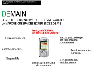 D EMAIN LE MOBILE SERA INTERACTIF ET COMMUNAUTAIRE LA MARQUE CREERA DES EXPERIENCES DE VIE #2- LA MOBILITE: TRANSPORTS, CONSTRUCTEURS ET MARQUES Expression de soi. Communautarisme Blog mobile Mon espace, moi, ma vie, mes amis Mes gouts/ intérêts  (et surtout mes valeurs)‏ Mon emploi du temps par rapport à ma communauté. Relation avec mes marques. Mon outil de lien avec les autres 
