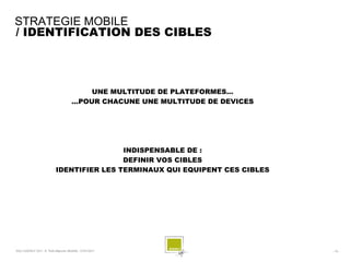 STRATEGIE MOBILE
/ IDENTIFICATION DES CIBLES



                                          UNE MULTITUDE DE PLATEFORMES…
                                      …POUR CHACUNE UNE MULTITUDE DE DEVICES




                                           INDISPENSABLE DE :
                                           DEFINIR VOS CIBLES
                           IDENTIFIER LES TERMINAUX QUI EQUIPENT CES CIBLES




SQLI AGENCY 2011 © Petit-déjeuner Mobilité - 27/01/2011                        - 19 -
 