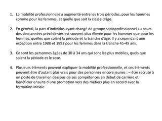 1. La mobilité professionnelle a augmenté entre les trois périodes, pour les hommes
comme pour les femmes, et quelle que soit la classe d’âge.
2. En général, la part d’individus ayant changé de groupe socioprofessionnel au cours
des cinq années précédentes est souvent plus élevée pour les hommes que pour les
femmes, quelles que soient la période et la tranche d’âge. Il y a cependant une
exception entre 1988 et 1993 pour les femmes dans la tranche 45-49 ans.
3. Ce sont les personnes âgées de 30 à 34 ans qui sont les plus mobiles, quels que
soient la période et le sexe.
4. Plusieurs éléments peuvent expliquer la mobilité professionnelle, et ces éléments
peuvent être d’autant plus vrais pour des personnes encore jeunes : – être recruté à
un poste de travail en dessous de ses compétences en début de carrière et
bénéficier ensuite d’une promotion vers des métiers plus en accord avec la
formation initiale.
 