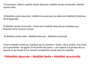 7) Conclusion : définir mobilité sociale observée, mobilité sociale structurelle, mobilité
sociale nette.
 Mobilité sociale observée= mobilité mesurée dans les tables de mobilité (à l’extérieur
de la diagonale)
 Mobilité sociale structurelle = Partie de la mobilité observée qui s’explique par
l’évolution de la structure sociale.
 Mobilité sociale nette = Mobilité observée – Mobilité structurelle
C’est la mobilité sociale qui s’explique par le caractère « fluide » de la société, c’est-à-dire
par la possibilité « de gagner ET de perdre des places » par rapport à la position de ses
parents et qui résulte d’une certaine compétition sociale entre les individus.
Mobilité observée = Mobilité Nette + Mobilité structurelle
 