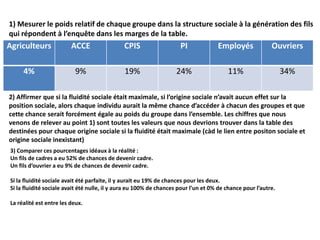 1) Mesurer le poids relatif de chaque groupe dans la structure sociale à la génération des fils
qui répondent à l’enquête dans les marges de la table.
Agriculteurs ACCE CPIS PI Employés Ouvriers
4% 9% 19% 24% 11% 34%
2) Affirmer que si la fluidité sociale était maximale, si l’origine sociale n’avait aucun effet sur la
position sociale, alors chaque individu aurait la même chance d’accéder à chacun des groupes et que
cette chance serait forcément égale au poids du groupe dans l’ensemble. Les chiffres que nous
venons de relever au point 1) sont toutes les valeurs que nous devrions trouver dans la table des
destinées pour chaque origine sociale si la fluidité était maximale (càd le lien entre positon sociale et
origine sociale inexistant)
3) Comparer ces pourcentages idéaux à la réalité :
Un fils de cadres a eu 52% de chances de devenir cadre.
Un fils d’ouvrier a eu 9% de chances de devenir cadre.
Si la fluidité sociale avait été parfaite, il y aurait eu 19% de chances pour les deux.
Si la fluidité sociale avait été nulle, il y aura eu 100% de chances pour l’un et 0% de chance pour l’autre.
La réalité est entre les deux.
 