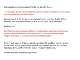 3. On peut énoncer le paradoxe d’Anderson de cette façon :
« l’acquisition par un fils d’un diplôme supérieur à celui de son père ne lui assure
pas une position sociale plus élevée. »
Par exemple, 7 % des fils qui ont un niveau d’études supérieur à celui de leur
père ont un statut social inférieur et 40% ont un statut social identique.
Explications:
L’amélioration des niveaux de diplômes est plus rapide que l’augmentation des
niveaux de diplômes requis en moyenne dans la structure sociale (malgré
Progrès Technique et spécialisation dans la mondialisation )
C’est ce qu’a observé Anderson dans les années 1960 aux États-Unis. Il y a donc
un paradoxe puisqu’un niveau de diplôme plus élevé ne garantit pas un statut
social plus élevé, contrairement à ce que l’on pourrait attendre.
Cela est confirmé en France aujourd’hui.
 