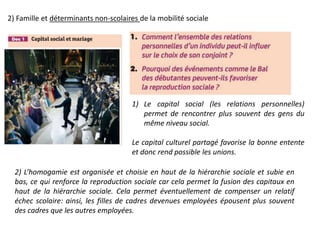 2) Famille et déterminants non-scolaires de la mobilité sociale
1) Le capital social (les relations personnelles)
permet de rencontrer plus souvent des gens du
même niveau social.
Le capital culturel partagé favorise la bonne entente
et donc rend possible les unions.
2) L’homogamie est organisée et choisie en haut de la hiérarchie sociale et subie en
bas, ce qui renforce la reproduction sociale car cela permet la fusion des capitaux en
haut de la hiérarchie sociale. Cela permet éventuellement de compenser un relatif
échec scolaire: ainsi, les filles de cadres devenues employées épousent plus souvent
des cadres que les autres employées.
 