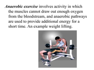 Anaerobic exercise involves activity in which
 the muscles cannot draw out enough oxygen
 from the bloodstream, and anaerobic pathways
 are used to provide additional energy for a
 short time. An example weight lifting.
 