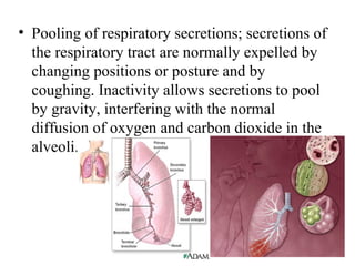 • Pooling of respiratory secretions; secretions of
  the respiratory tract are normally expelled by
  changing positions or posture and by
  coughing. Inactivity allows secretions to pool
  by gravity, interfering with the normal
  diffusion of oxygen and carbon dioxide in the
  alveoli.
 