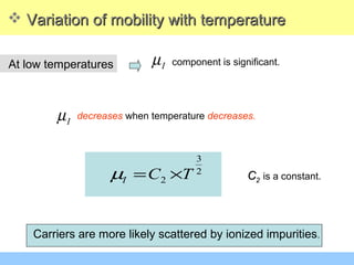 At low temperatures
 Variation of mobility with temperatureVariation of mobility with temperature
Iµ component is significant.
Iµ decreases when temperature decreases.
2
3
2 TCI ×=µ CC22 is a constant.
Carriers are more likely scattered by ionized impurities.
 