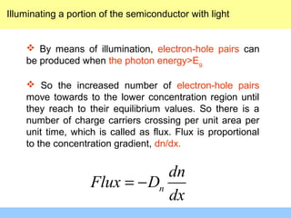 Illuminating a portion of the semiconductor with light
 By means of illumination, electron-hole pairs can
be produced when the photon energy>Eg.
 So the increased number of electron-hole pairs
move towards to the lower concentration region until
they reach to their equilibrium values. So there is a
number of charge carriers crossing per unit area per
unit time, which is called as flux. Flux is proportional
to the concentration gradient, dn/dx.
n
dn
Flux D
dx
= −
 