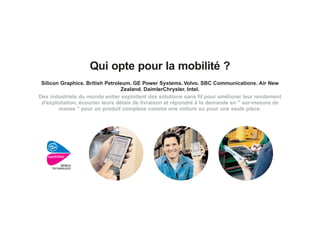Qui opte pour la mobilité ?
 Silicon Graphics. British Petroleum. GE Power Systems. Volvo. SBC Communications. Air New
                                  Zealand. DaimlerChrysler. Intel.
Des industriels du monde entier exploitent des solutions sans fil pour améliorer leur rendement
 d'exploitation, écourter leurs délais de livraison et répondre à la demande en " sur-mesure de
        masse " pour un produit complexe comme une voiture ou pour une seule pièce.




         TM
 