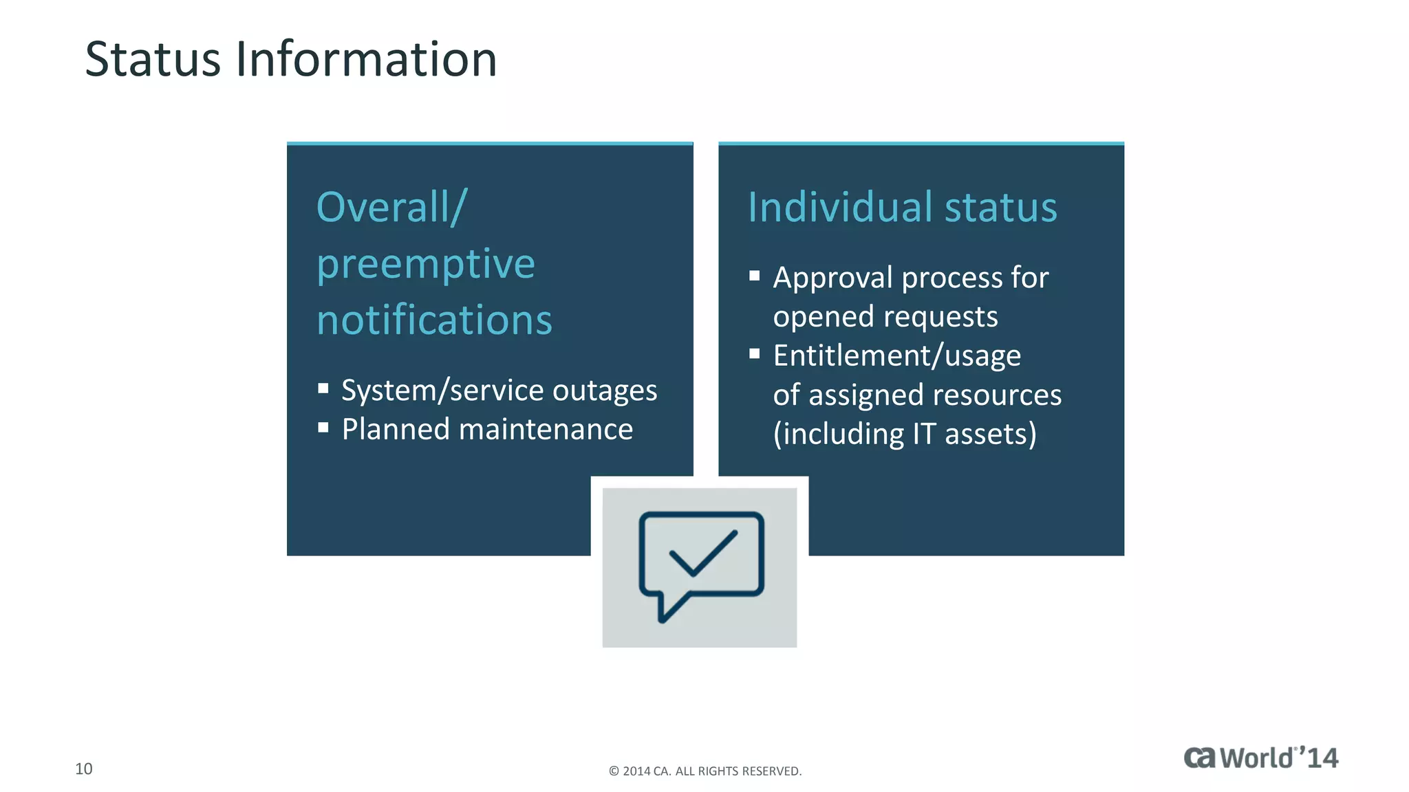 10 
© 2014 CA. ALL RIGHTS RESERVED. 
Status Information 
Overall/ preemptive notifications 
System/service outages 
Planned maintenance 
Individual status 
Approval process for opened requests 
Entitlement/usage of assigned resources (including IT assets)  