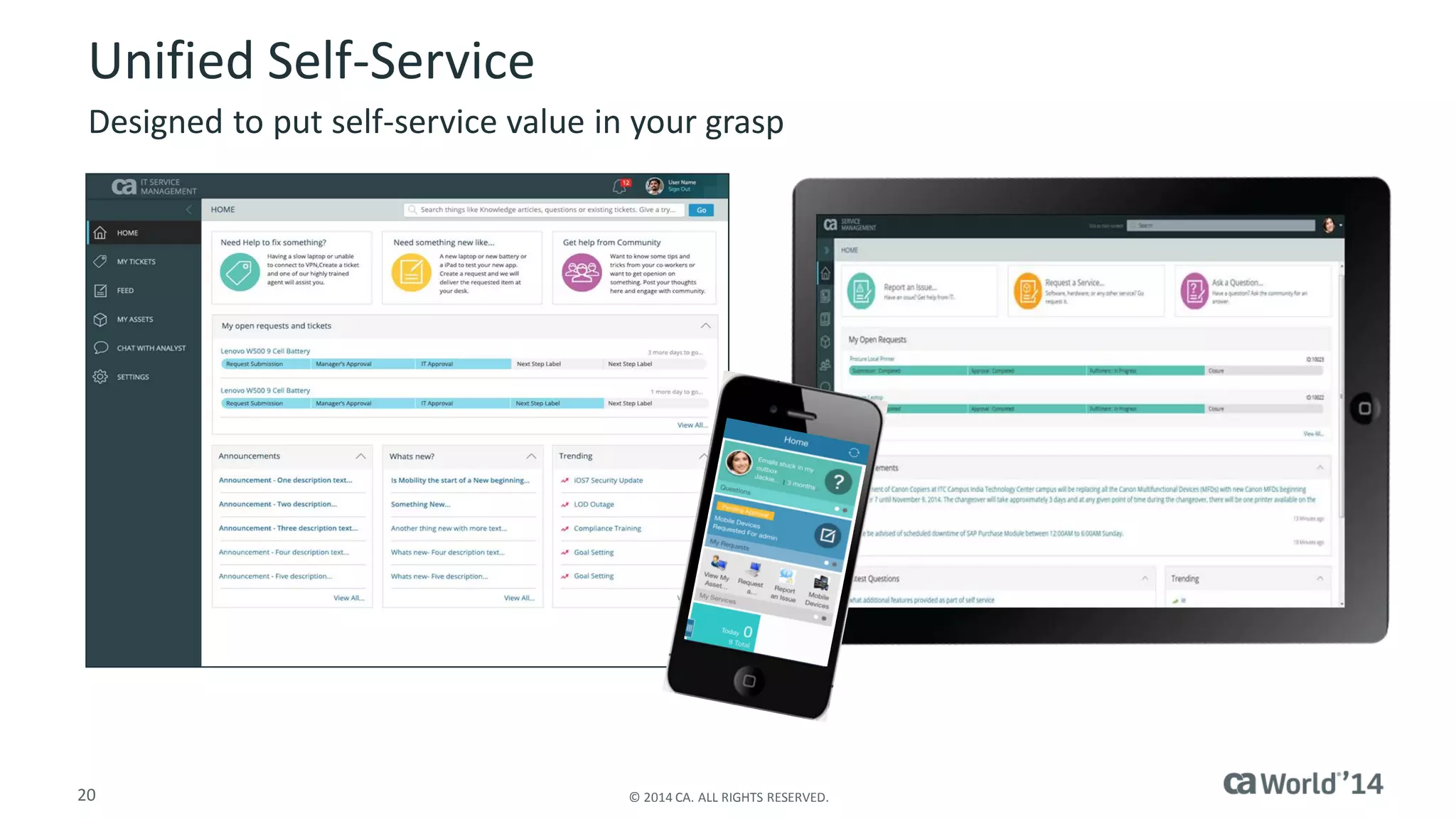 20 
© 2014 CA. ALL RIGHTS RESERVED. 
Unified Self-Service 
Designed to put self-service value in your grasp  