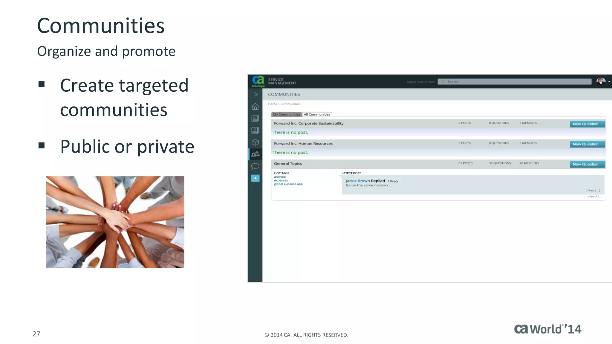 27 
© 2014 CA. ALL RIGHTS RESERVED. 
Communities 
Create targeted communities 
Public or private 
Organize and promote  