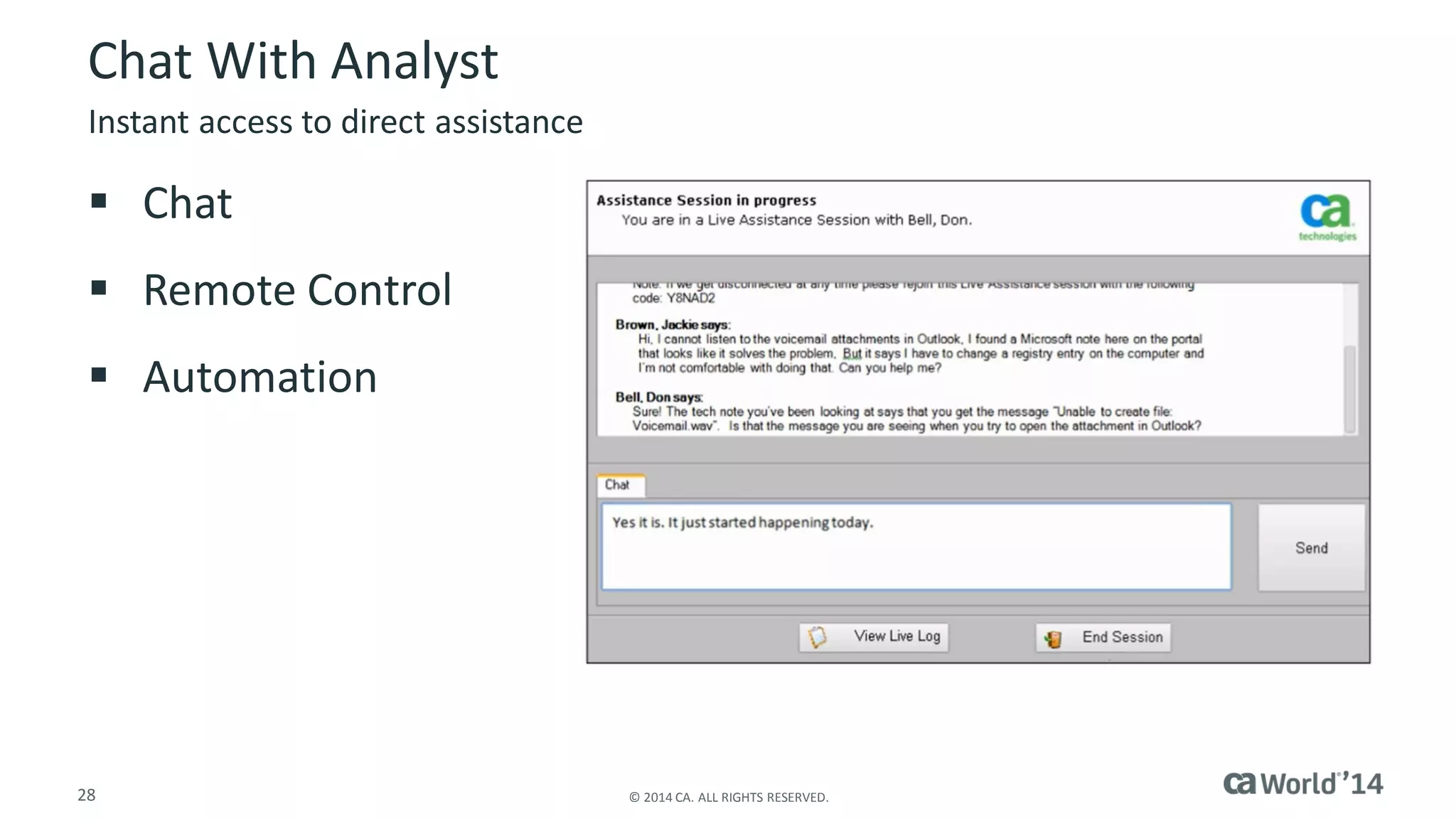 28 
© 2014 CA. ALL RIGHTS RESERVED. 
Chat With Analyst 
Chat 
Remote Control 
Automation 
Instant access to direct assistance  