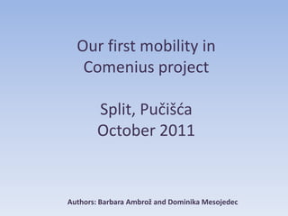 Our first mobility in
   Comenius project

        Split, Pučišća
        October 2011


Authors: Barbara Ambrož and Dominika Mesojedec
 