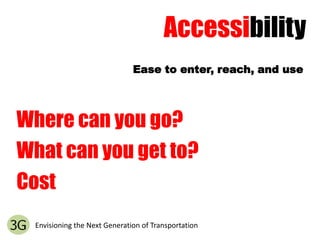 AccessibilityEase to enter, reach, and useWhere can you go?What can you get to?CostEnvisioning the Next Generation of Transportation